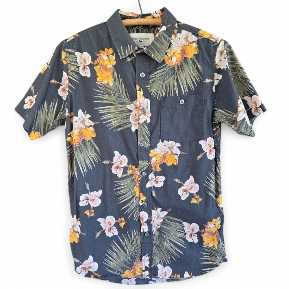 Modern Amusement Mens Hawaiian Floral Button-Up Shirt Short Sleeve Navy S